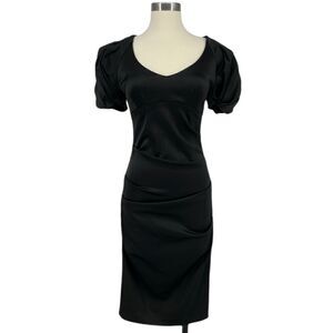 CACHE Puff Sleeve Ruched Satin Dress